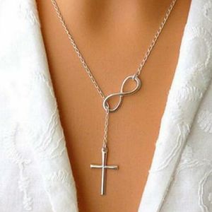 NEW Silver Infinity Faith Cross Lariat Necklace